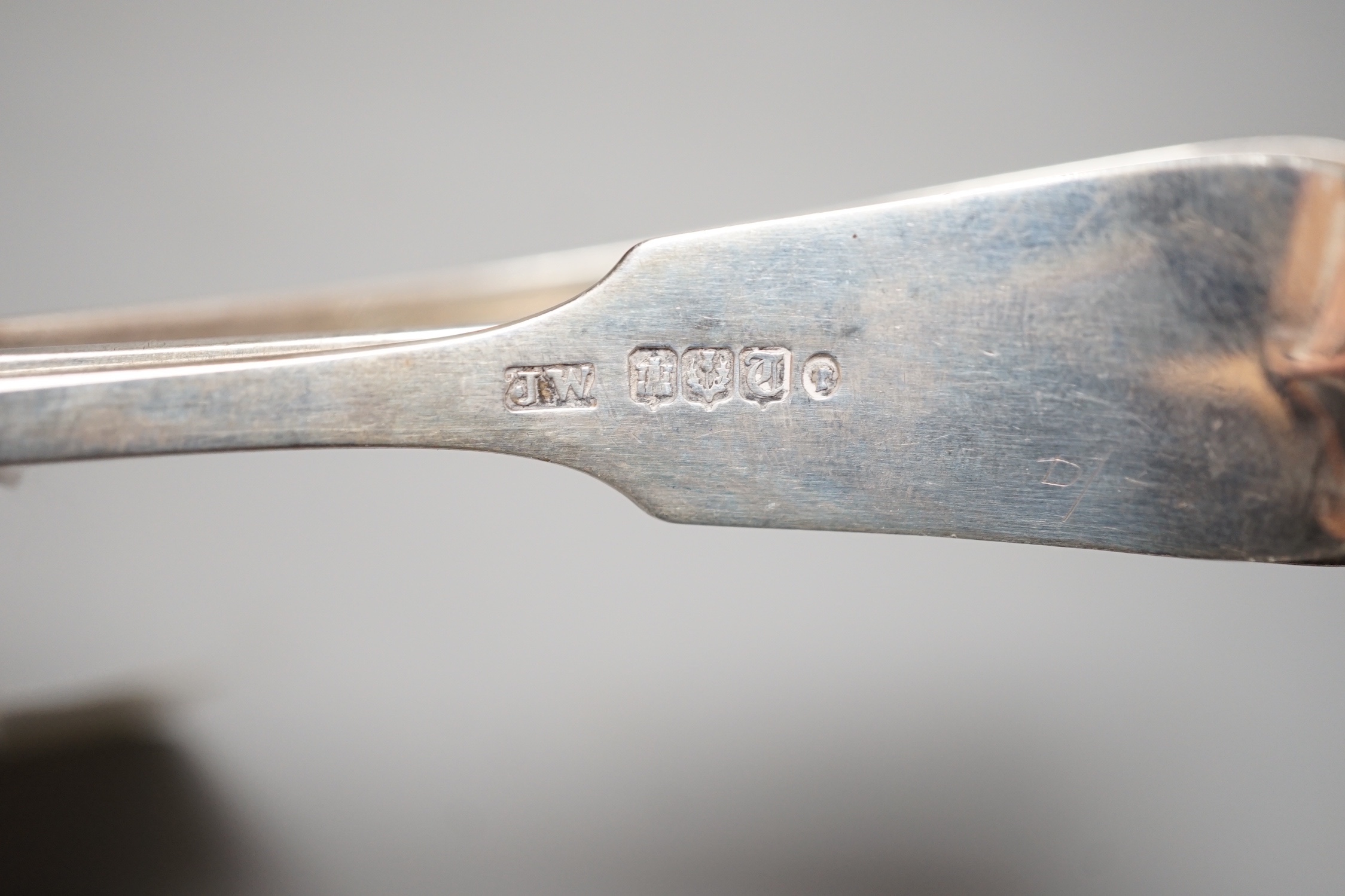 A pair of George III Scottish silver Old English pattern sauce ladles, Edinburgh, 1812, 16cm and a pair of Victorian Scottish silver fiddle pattern sifter spoons, Edinburgh, 1850, 122 grams.